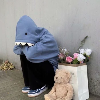 Deeptown Smešno Shark Mozaik Hoodies Ženske Jeseni Kawaii Majica Prevelik 2021 Priložnostne Dolgimi Rokavi Pulover Šolo Oblačila
