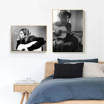 Kurt Cobain Rock Glasbene Skupine Pevka Star Wall Art Platno Slikarstvo Kitara Plakat Črno-Belo Tiskanje Stenske Slike Doma Dekor