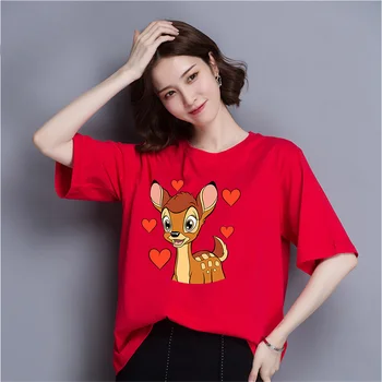 Bambi Tiskanih Disney T-Shirt Poletje Risanka Rdeča Modra Črna Bela Okrogle Ovratnik, Kratkimi Rokavi Harajuku Lady ' s Top