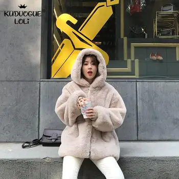 Korejski Stil Pomlad Hooded Suknjič Umetni Zajec Krzno, Plišastih Plašč Dolg Rokav Mid-Dolžina Svoboden Cocoon Debele Ženske Jesen Zima