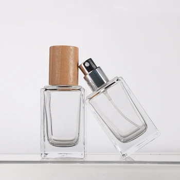 Brezplačno po Meri Logo 35ml Kvadratnih prozornega Stekla Parfum Spray Steklenico Z Lesenimi Skp Kozmetični Posodo Embalaža za Steklenice
