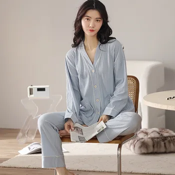 Jeseni In Pozimi Nnew Ženske Pižame Z Dolgimi Rokavi Hlače Čistega Bombaža Korejskem Slogu Svoboden Domov Storitev Obleke