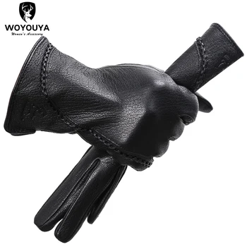 Posnemajte jelena vzorec ženske usnjene rokavice roko nazaj cvet design ženske zimske rokavice črno dotik rokavice-2289
