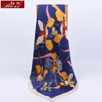 2020 Moda Saten Svila Šal Ženske tiskanja Cvetovi Šal hidžab Pomlad Elegantno 90*90 cm Kvadrat Navy blue, rdeče Rute brezplačna dostava