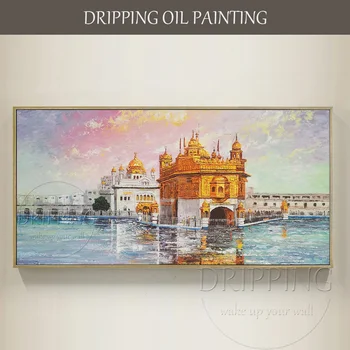 Umetnik Ročno poslikano Visoko Kakovost, Zlati Tempelj Amritsar Oljna slika na Platnu Lepi Zlati Tempelj v Indiji Oljno sliko