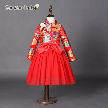 Novo Leto je Malo Baby Dekleta bowknot Obleke Otroci Dekle Kitajski Slog Obleke Rdeče Cheongsam Formalno Zmaj Tiskanja Formalno Obleko 2-8Y