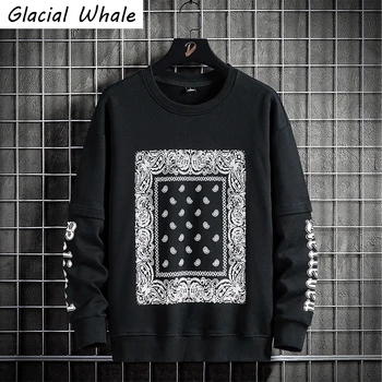 GlacialWhale Mens Crewneck Majica Moški 2021 Tiskanja Letnik Sweatshirts Prevelik Hip Hop Japonski Ulične Črn Pulover S Kapuco Moški