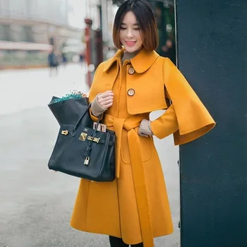 Ženske Korejski Angliji Letnik Krpo Suknji Visoko Kakovostne Zimske Barva Dolge Volnene Mešanice Sashes Vrhnja Oblačila Manteau