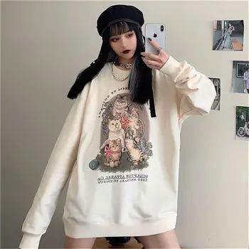 Retro Goth Srčkan Mačke Natisne Majica Ženske Kawaii Teens Dekle Oblačila Prevelik Ulične 2021 Jeseni Novi Korejski Moda Vrhovi