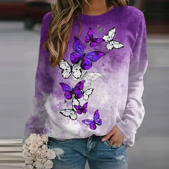 Ženske O-Vratu Športna Majica Fashion 3D Cvetlični Metulja Print Sweatshirts 2021 Jeseni Dolg Rokav Svoboden Vrh Ženski Pulover
