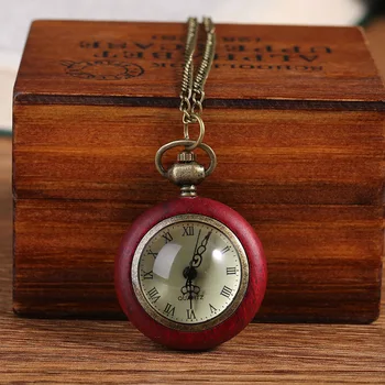 6026Retro rdeče lesena škatla, kremen žepna ura pregleden žogo verige avtomatsko navijanje gledati moške in ženske nevtralno ura darilo