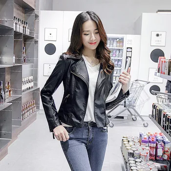 Biker usnjena jakna ženska kratka Pomlad in Jesen Edition korejski moda vsestranski slim PU črna usnjena jakna