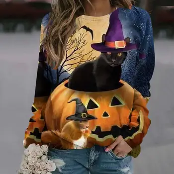 Ženske Halloween Swearshirt Mačka Bučna Tiskanje Lady Dolgo sleeved Priložnostne Vrh Crewneck Ženski Pomlad Jesen Oblačila Svoboden