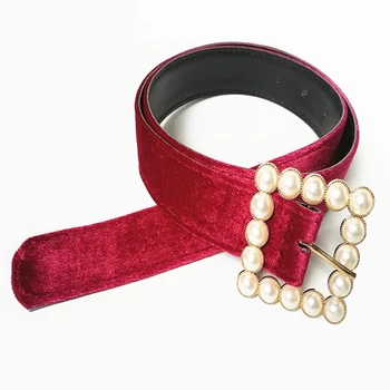 Trendy modni Rdeči Žamet Pearl Gumb Ženske Pasu Pearl Sponke Flanela Marelice Girdle za Dekleta, Luksuzno Obleko