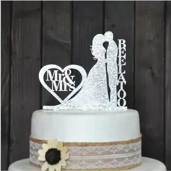 Vroče Prodaje poročna torta pokrivalo, Costom Poročna Torta Pokrivalo, Akril srebrne bleščice, poročna torta pokrivalo osebno priimek