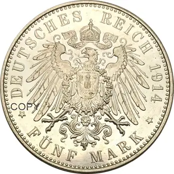 Nemški Članice Anhalt Dessau 1889 1914 5 Označi, Friedrich II Silver Medenina Prevlečeno Srebro Kopija Kovanca