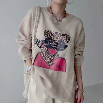 ONALIPPA Svoboden Majica Ženske korejski Harajuku Jeseni Priložnostne O Vratu Risanka Tiskanja Modela Svoboden Nazaj Split Dolgo sleeved Hoodies