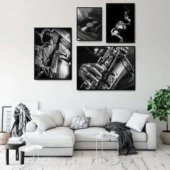 Črno in Belo Kitaro Jazz Glasbo Portret Platno Slikarstvo Plakat in Tiskanje Wall Art Slik, Dnevna Soba Dekoracijo Doma