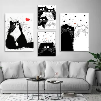 Črne in Bele Mačke Platna Slike po Meri Cartoon Živali Mucek Ljubimec Stenske Plakate, Slike Umetniške grafike Otroci Dnevna Soba Dekor