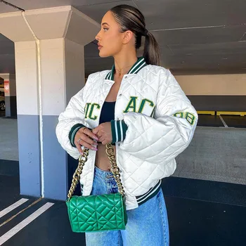 Jeseni, Pozimi Prevelik Tiskanja Universitet Jakne Ženske Bele Baseball Bombnik Plašč 2021 Moda Mozaik Priložnostne Y2k Zeleno Jakno